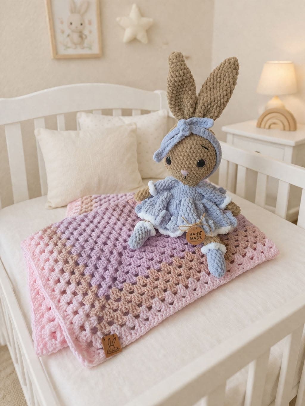 A freehand crocheted baby blanket with a matching bunny